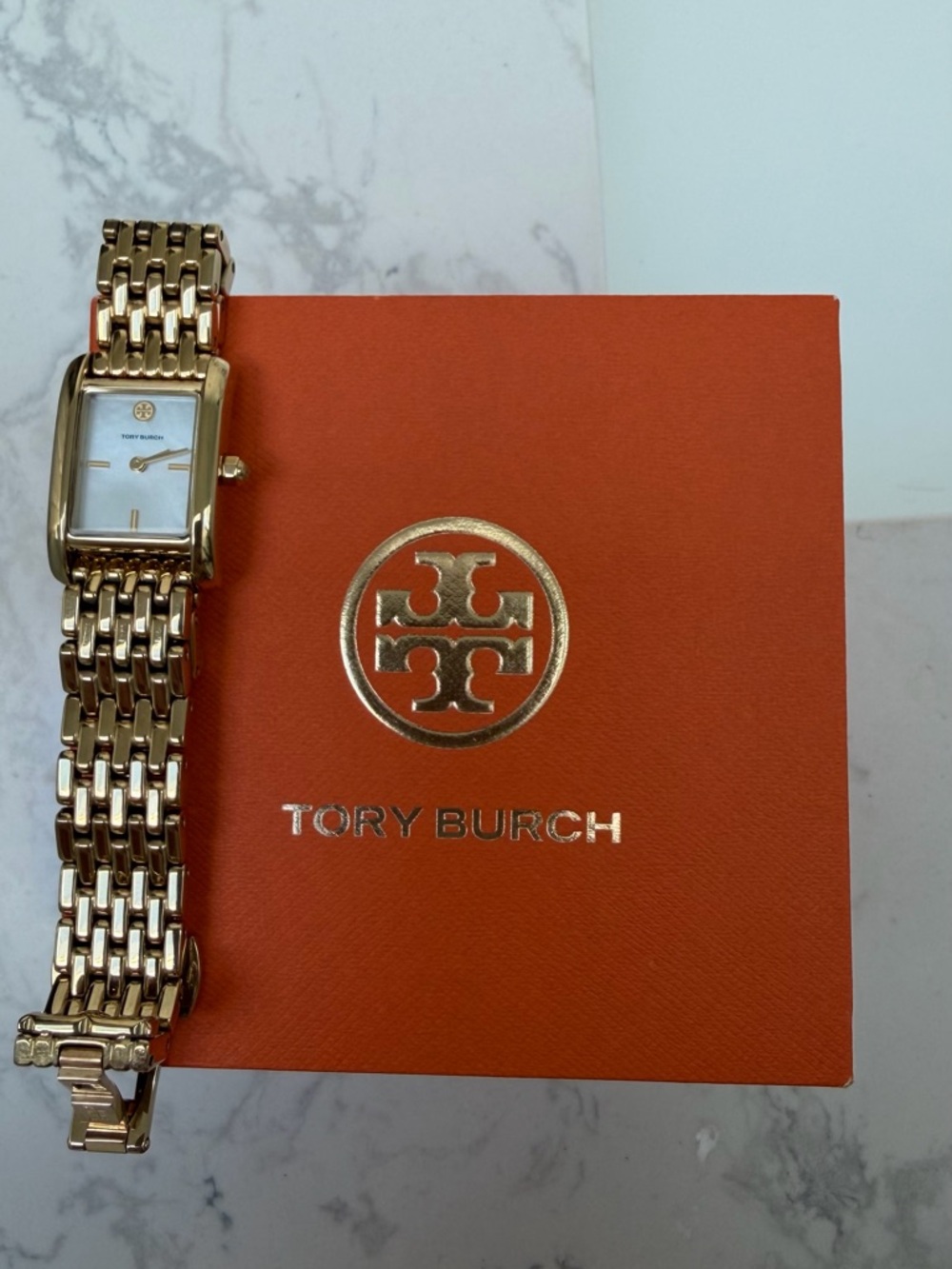 Tory Burch Gold-Tone Rectangular Mother-of-Pearl Bracelet Watch - Picture 2 of 6